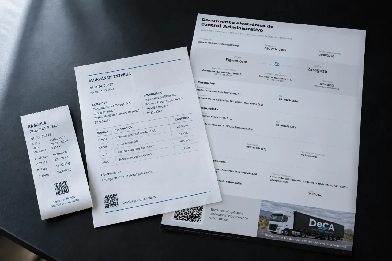 Ticket de pesaje, albarán y documento electrónico de control del transporte con códigos QR